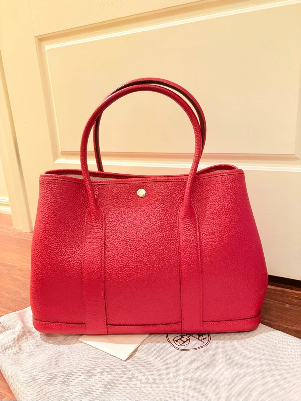 Hermes Red Leather Tote with Blue Patterned Twilly